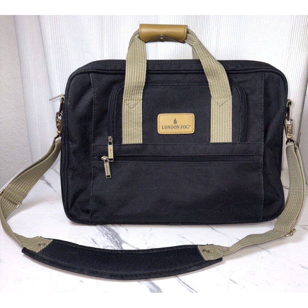 London Fog Black Laptop Briefcase Messenger Bag Expandable Travel